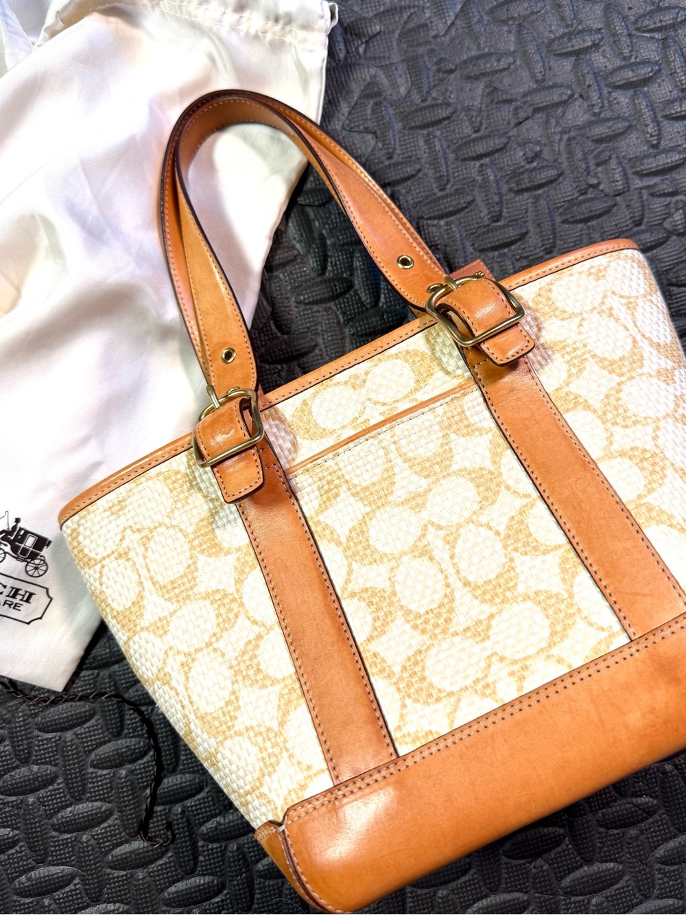 Coach M1K-8927 Signature Straw Leather Tote Bag Tan Ivory